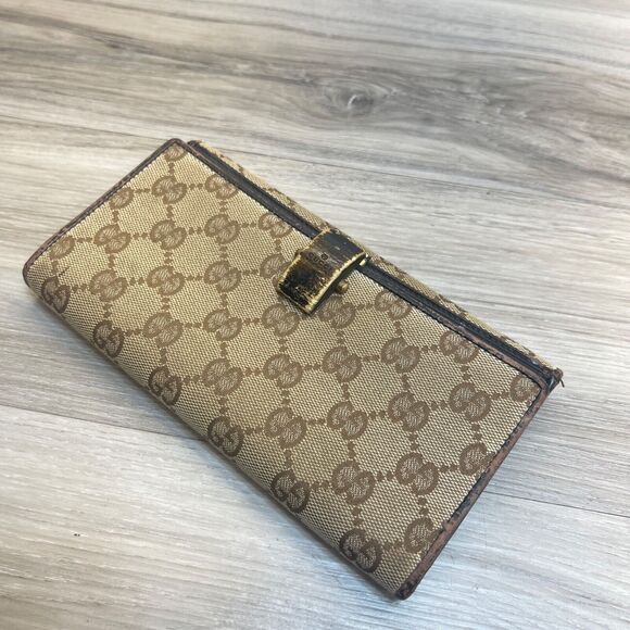 Gucci Canvas Long Wallet- Rare Brown Wood Magnet Clasp Vintage Monogram